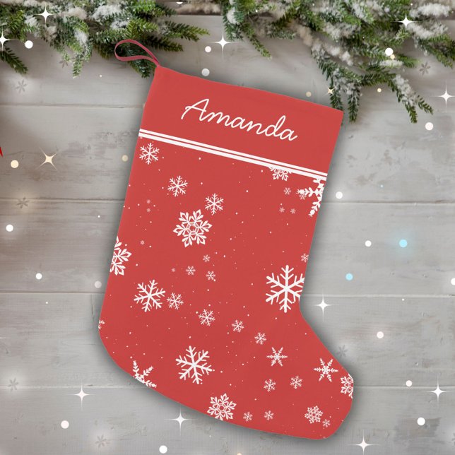 Red White Snowflake Snyggt Festive Personalizable Liten Julstrumpa (Skapare uppladdad)