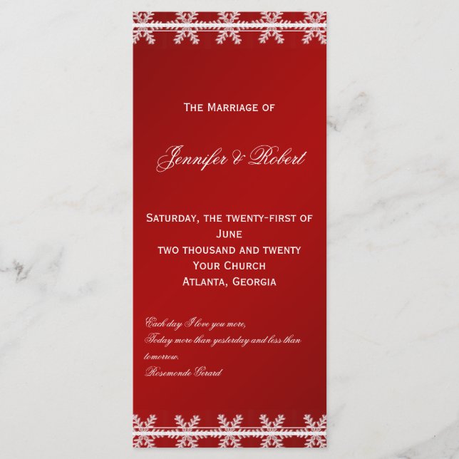 Red White Snowflake Winter bröllopsprogram Program (Framsida)