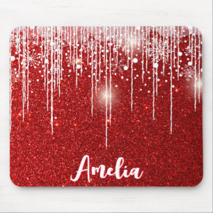 Red White Snowy Snowflake Ditt namn Musmatta