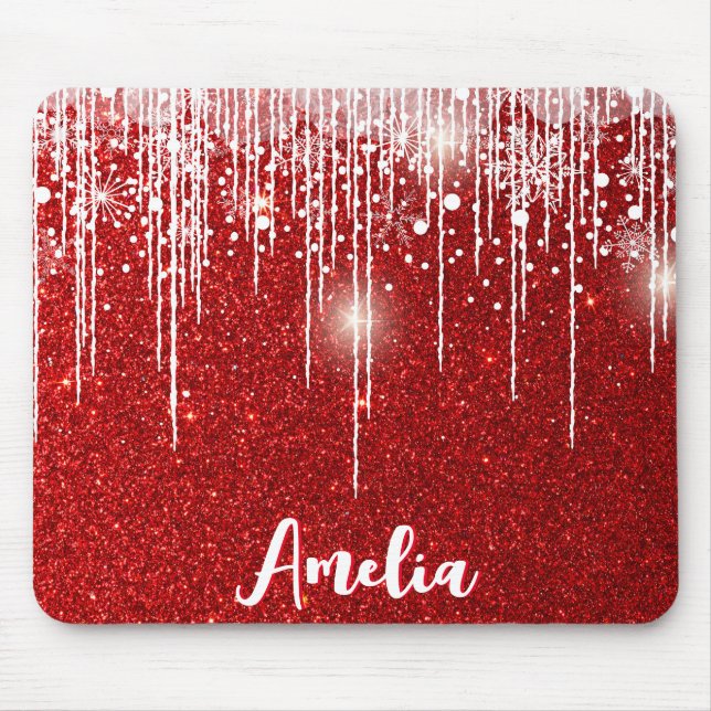 Red White Snowy Snowflake Ditt namn Musmatta (Framsidan)