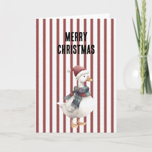 Red White Stripes Goose with Santa Hat Christmas Kort (Framsida)