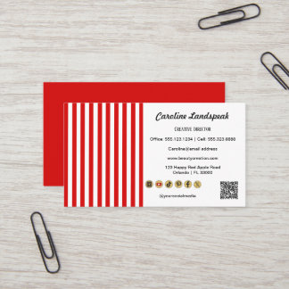 Red White Stripes & QR Code & Social Media Icons Visitkort