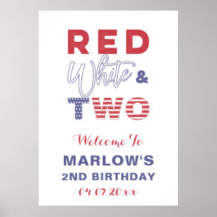 Red White & TWO Unisex 2:a födelsedag Party Välkom Poster