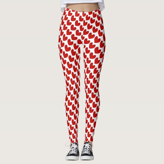 Red & white Valentine Day Heart Mönster Leggings (Framsida)