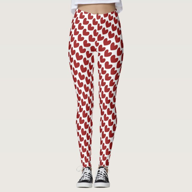 Red & white Valentine Day Heart Mönster Leggings (Framsida)