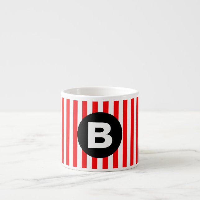 Red White Vertical Stripes Black Monogram Espressomugg (Framsidan)