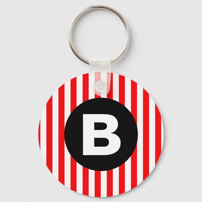 Red White Vertical Stripes Black Monogram Nyckelring (Framsida)