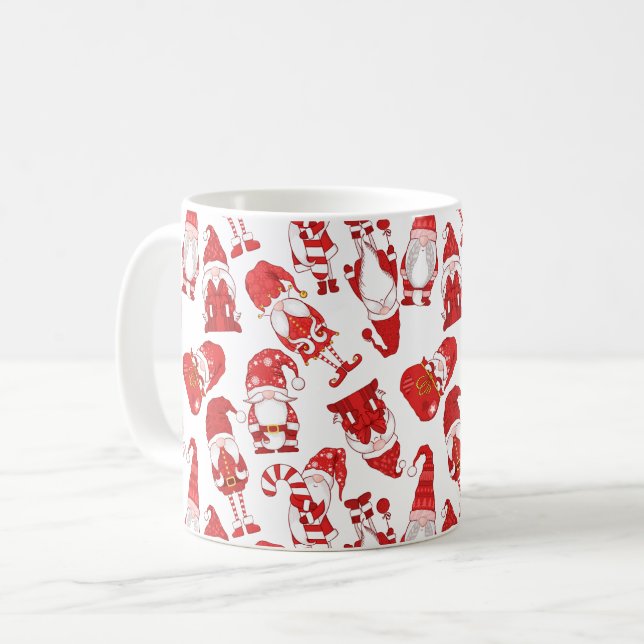 Red & White Whimsical Christmas Gnome Pattern Kaffemugg (Framsida vänster)