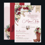 Red White Winter Ro Charro Spain Quinceanera Inbjudningar<br><div class="desc">Den röda och grå charroinbjudan till blommigten i vit ros är underbar för en vintersäsong, men kan användas när som helst! Med vacker, djup burgundröd, maronröd och gräddbesprutad vit ros och en blommigt av boho-ludd, en svart charro sombrero, rep och cowgirl-boots med en blombukett. All text är helt och hållet...</div>