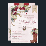 Red White Winter Ro Charro Spain Quinceanera Inbjudningar<br><div class="desc">Den röda och grå charroinbjudan till blommigten i vit ros är underbar för en vintersäsong, men kan användas när som helst! Med vacker, djup burgundröd, maronröd och gräddbesprutad vit ros och en blommigt av boho-ludd, en svart charro sombrero, rep och cowgirl-boots med en blombukett. All text är helt och hållet...</div>