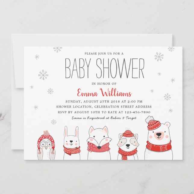 Red White Winter Snö Woodland Animals Baby Shower Inbjudningar (Framsida)