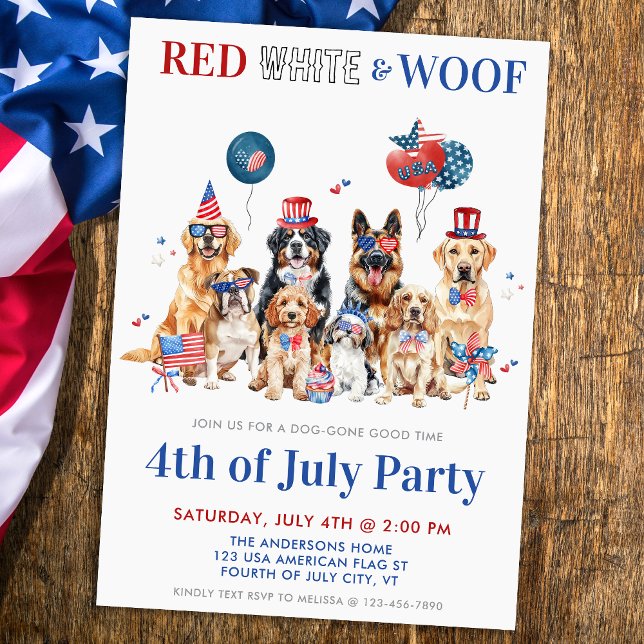 Red White & Woof Funny Patriotic Hundar 4:e juli Inbjudningar (Skapare uppladdad)