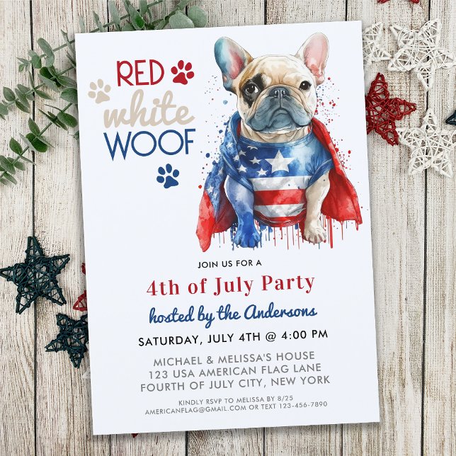 Red White Woof Patriotic Fransk Bulldog 4 juli Inbjudningar (Skapare uppladdad)