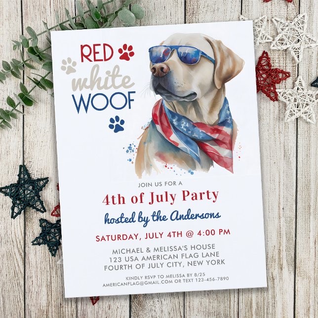 Red White Woof Patriotic Labrador Hund 4 juli Inbjudan Vykort (Skapare uppladdad)