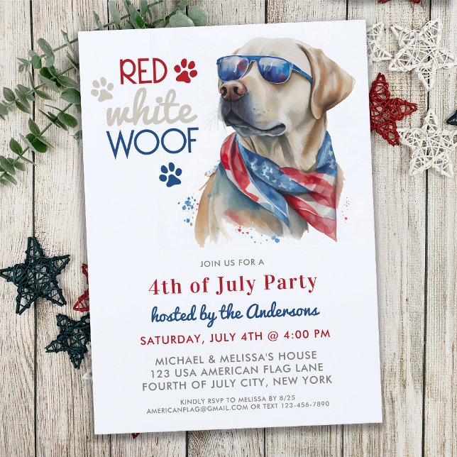 Red White Woof Patriotic Labrador Hund 4 juli Inbjudningar (Skapare uppladdad)