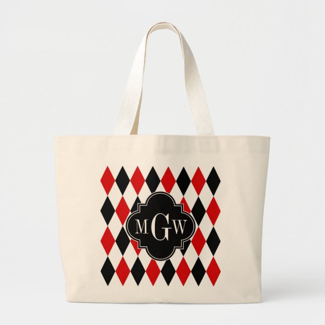 Red Wht Black Harlequin Blk Quatrefoil 3 Monogram Jumbo Tygkasse (Framsidan)