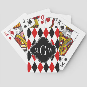Red Wht Black Harlequin Blk Quatrefoil 3 Monogram Spelkort
