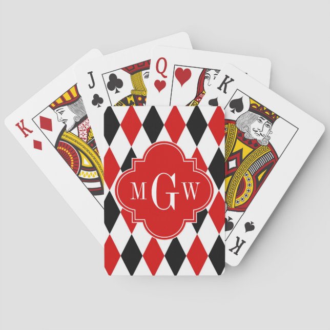 Red Wht Black Harlequin Red Quatrefoil 3 Monogram Casinokort (Baksidan)