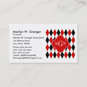 Red Wht Black Harlequin Red Quatrefoil 3 Monogram Visitkort