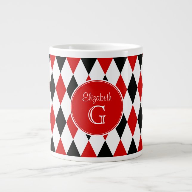 Red Wht Blk Harlequin Round Red Monogram #2 Jumbo Mugg (Framsidan)