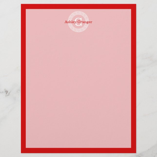 Red Wht Grekiska Nyckel Rnd Ram Initial Monogram (Framsida)