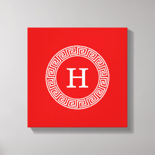 Red Wht Grekiska Nyckel Rnd Ram Initial Monogram Canvastryck