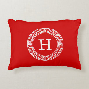 Red Wht Grekiska Nyckel Rnd Ram Initial Monogram Prydnadskudde