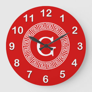 Red Wht Grekiska Nyckel Rnd Ram Initial Monogram Stor Klocka