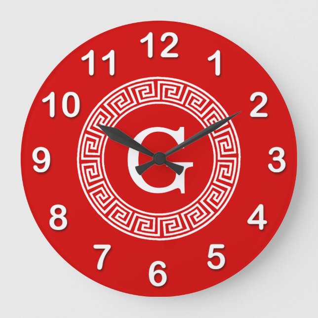 Red Wht Grekiska Nyckel Rnd Ram Initial Monogram Stor Klocka (Framsida)
