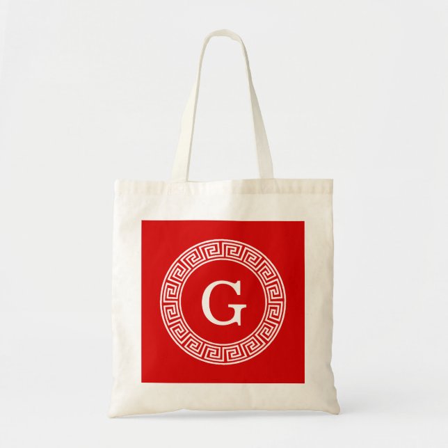 Red Wht Grekiska Nyckel Rnd Ram Initial Monogram Tygkasse (Framsidan)