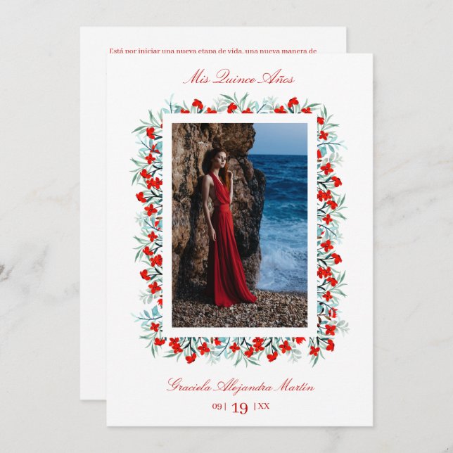 Red Wildblommor Garland Quinceañera Sophisticated  Inbjudningar (Fram/baksida)