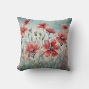 Red Wildblommor Vår Watercolor Blommigt Kudde