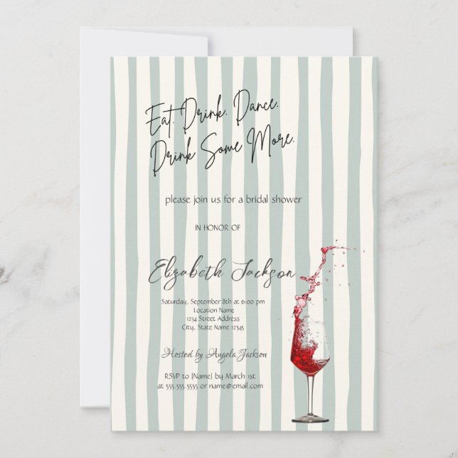 Red Wine Glass Green Stripes Bridal Shower Inbjudningar (Framsida)