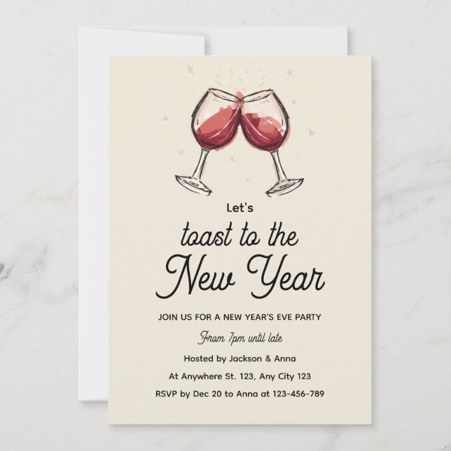 Red Wine Glasses Hand Drawn New Year's Eve Party Inbjudningar (Framsida)