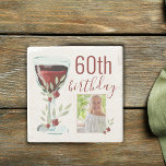 Red Wine Rose Watercolor Photo 60th Birthday  Stenunderlägg<br><div class="desc">Rustic Red Wine Glass Rose Watercolor Photo 60th Birthday Stone Coaster. The design has watercolor red wine glass,  roses and twigs. The text is fully customizable - personalize it with your photo and age.</div>
