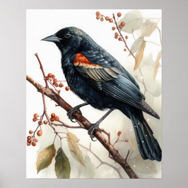 Red Winged Blackbird Bird Art Print Poster (Framsidan)