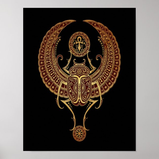 Red Winged Egyptian Scarab Beetle med Ankh Black Poster (Framsidan)