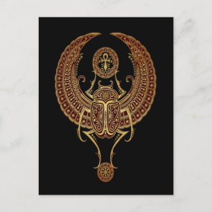 Red Winged Egyptian Scarab Beetle med Ankh Black Vykort