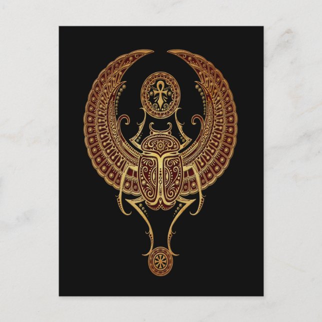 Red Winged Egyptian Scarab Beetle med Ankh Black Vykort (Framsida)