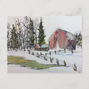 Red Winter Barn Postcard snö täckte landskap Vykort
