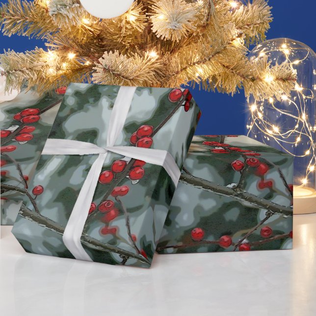 Red Winter Berries Helgdag Wrapping Papper Presentpapper (Helgdagar)