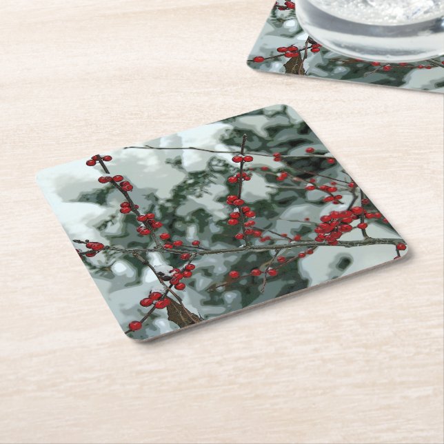 Red Winter Berries Jul Helgdag Papper Underlägg Kvadrat (Vinklad)