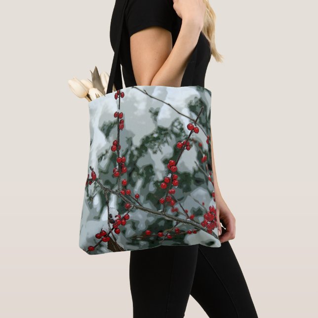 Red Winter Berries jul Helgdag Tote Bag Tygkasse (Närbild)