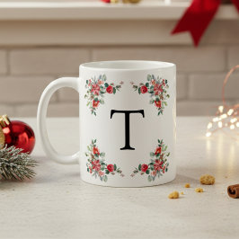 Red Winter Blommigts Monogram Kaffemugg