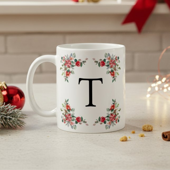 Red Winter Blommigts Monogram Kaffemugg (Skapare uppladdad)