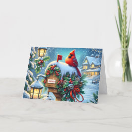 Red Winter Cardinal on Mailbox Christmas Helgkort