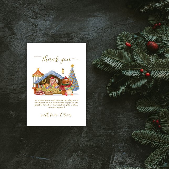 Red Winter Farmer Market Teddy Bear Baby Shower  Tack Kort (Red Winter Farmer Market Teddy Bear Baby Shower Thank You Card)