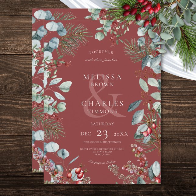 Red Winter Gräs Berries Eucalyptus Bröllop Inbjudningar (Red Winter Pine Berries Eucalyptus Wedding Invitation)