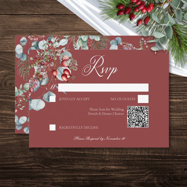 Red Winter Gräs Berries Eucalyptus Bröllop OSA Kort (Red Winter Pine Berries Eucalyptus Wedding RSVP QR Code Card)