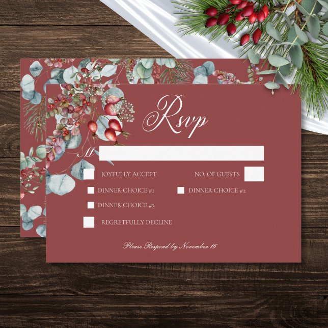 Red Winter Gräs Berries Eucalyptus Bröllop OSA Kort (Red Winter Pine Berries Eucalyptus Wedding RSVP Card)